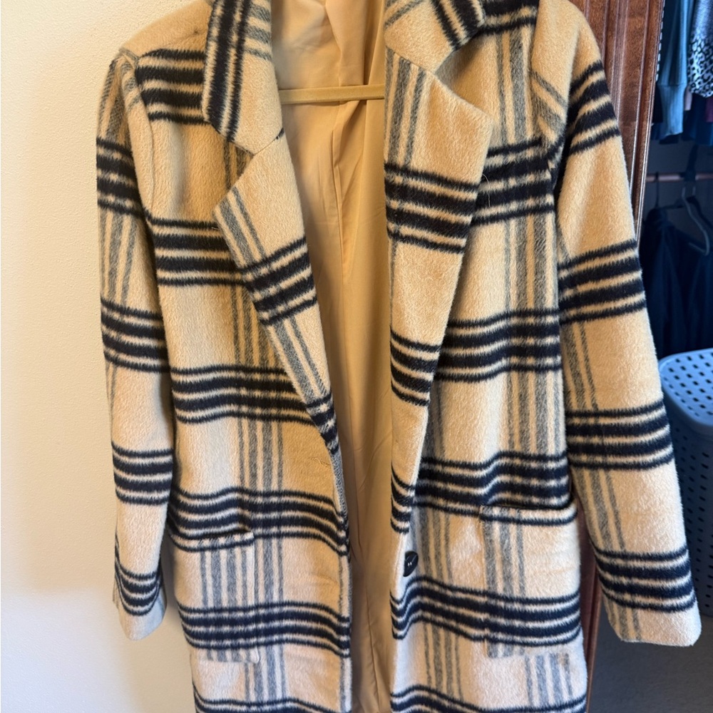 Lulus Womens Cream Plaid Long Coat - Classic Tailored Overcoat